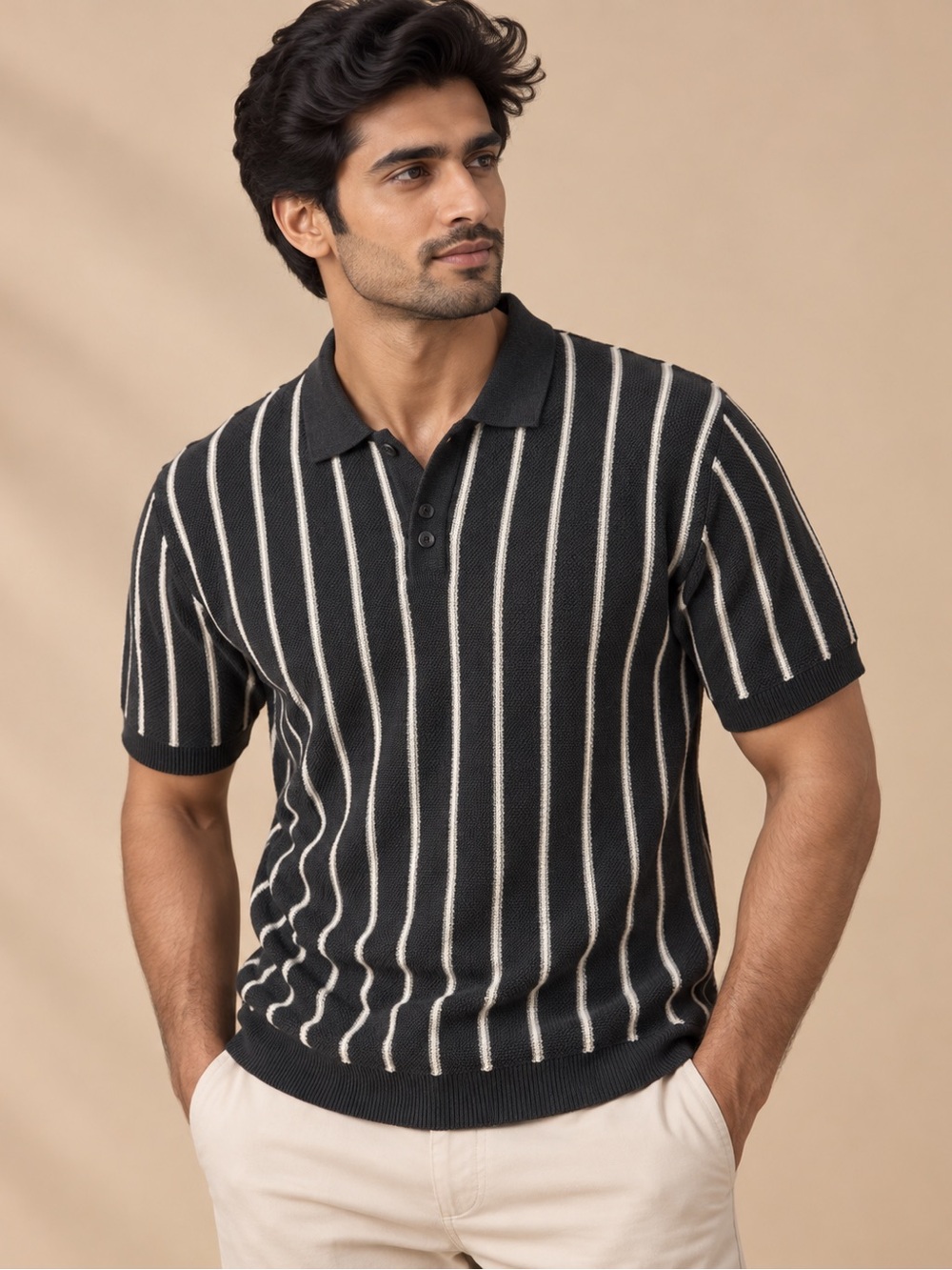 Old Navy Black White Striped Knit Sweater Polo Size Medium